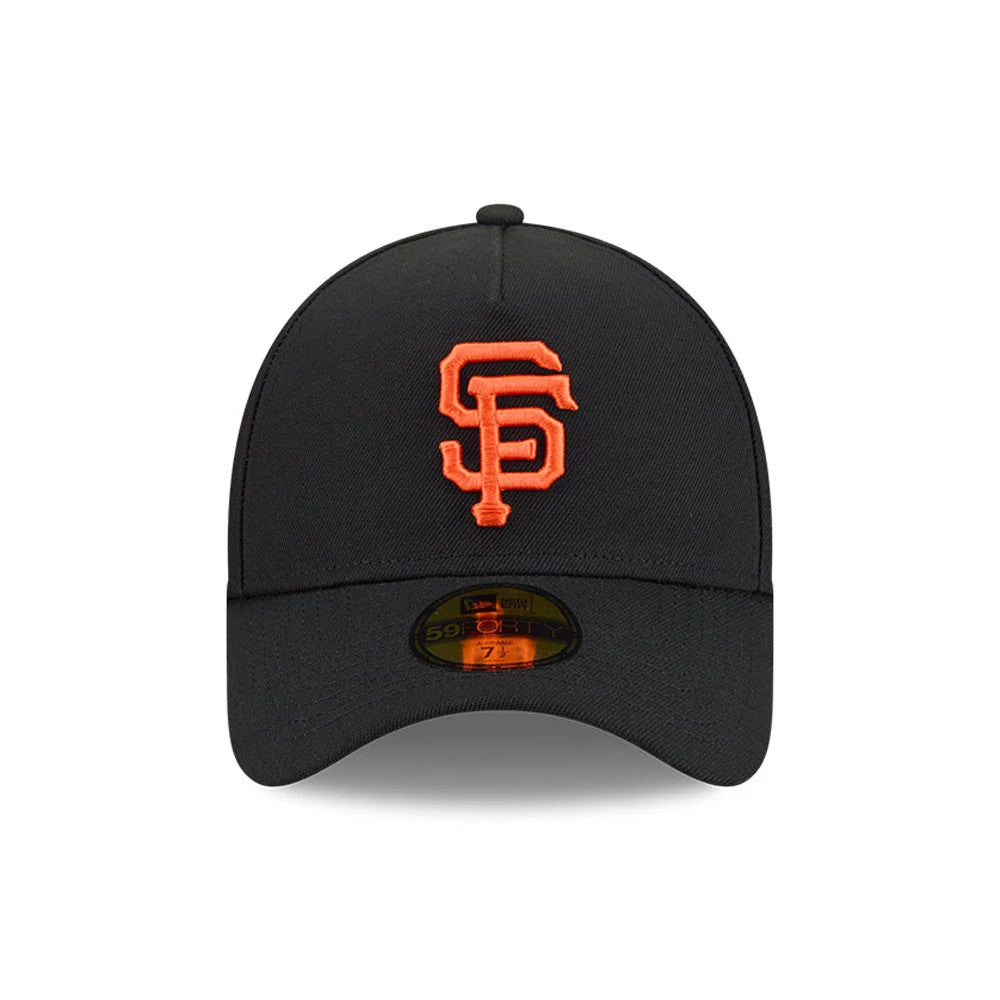 San Francisco Giants MLB Team Side Black New Era 59FORTY A-Frame Fitted Cap, front view showing the raised orange embroidered SF logo on the centre of the structured black crown, with a curved black visor and a black 59FORTY size sticker.