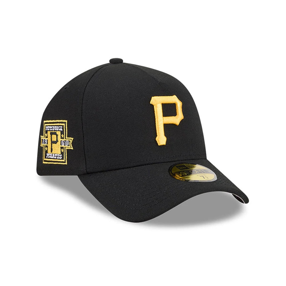 Pictured is this MLB Team Side Pittsburgh Pirates 59FORTY A-Frame Fitted cap in black. 1