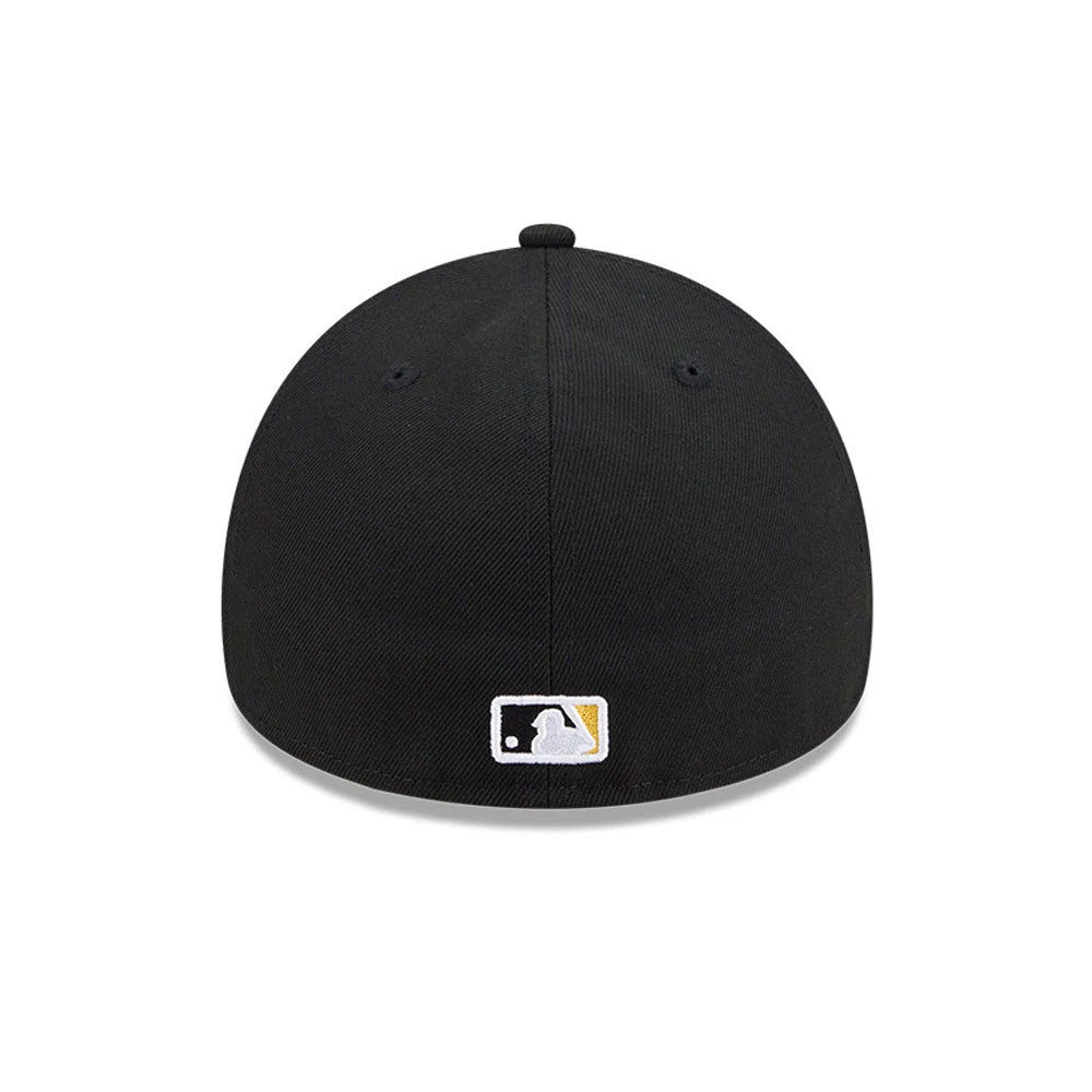 Pittsburgh Pirates MLB Team Side Black New Era 59FORTY A-Frame Fitted Cap, rear view featuring the white and gold embroidered MLB Batterman logo at the centre of the back panels, with black eyelets and a matching top button on the structured crown.