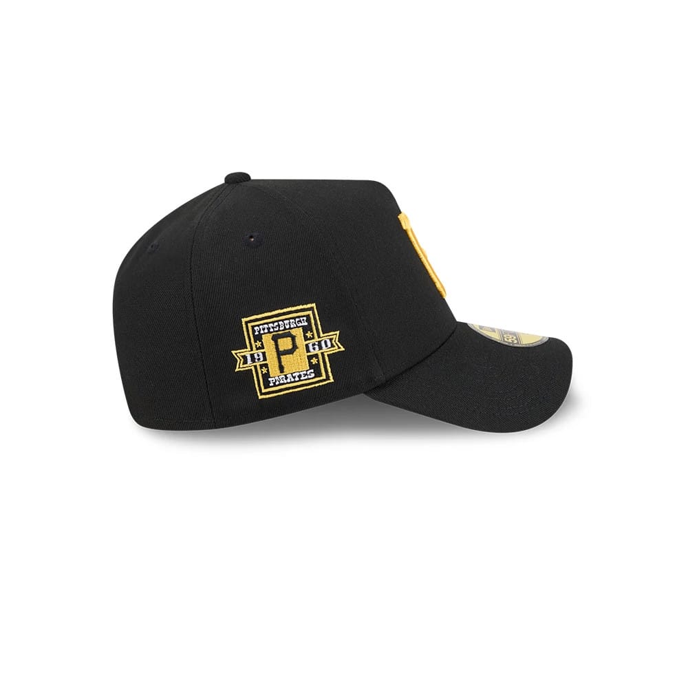 Pittsburgh Pirates MLB Team Side Black New Era 59FORTY A-Frame Fitted Cap, side view showing the embroidered Pittsburgh Pirates logo in black and gold on the side panel, a slightly curved visor, and a New Era flag logo on the left side.