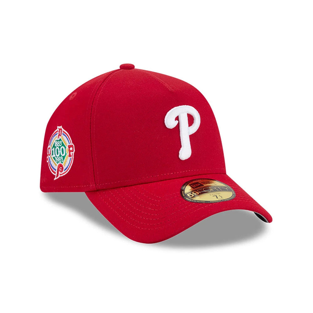 Pictured is this MLB Team Side Philadelphia Phillies 59FORTY A-Frame Fitted cap in red. 1