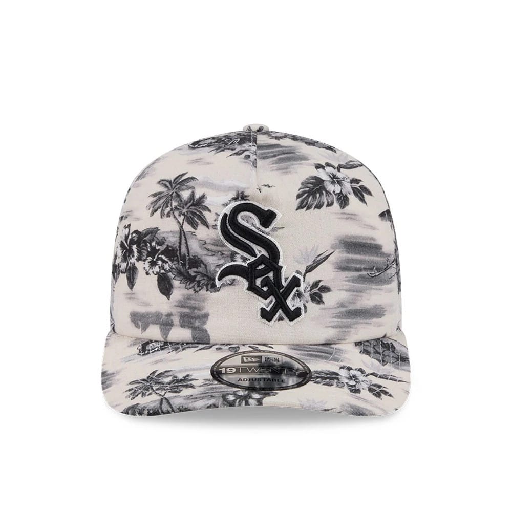Chicago White Sox MLB Tropics Cream New Era 19TWENTY Adjustable Cap, front view showing the raised embroidered black and white Sox logo centred on the tropical pattern crown, with a matching visor and a 19TWENTY size sticker on the visor.