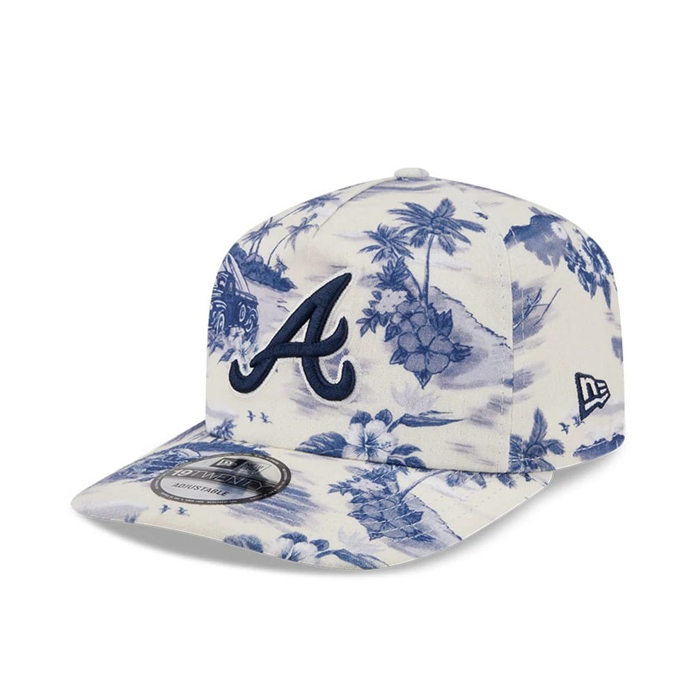 Atlanta Braves MLB Tropics Navy New Era 19TWENTY Adjustable Cap, front view showing the navy embroidered A logo on the tropical patterned crown and visor, with the New Era flag logo on the left side and a 19TWENTY size sticker on the visor.