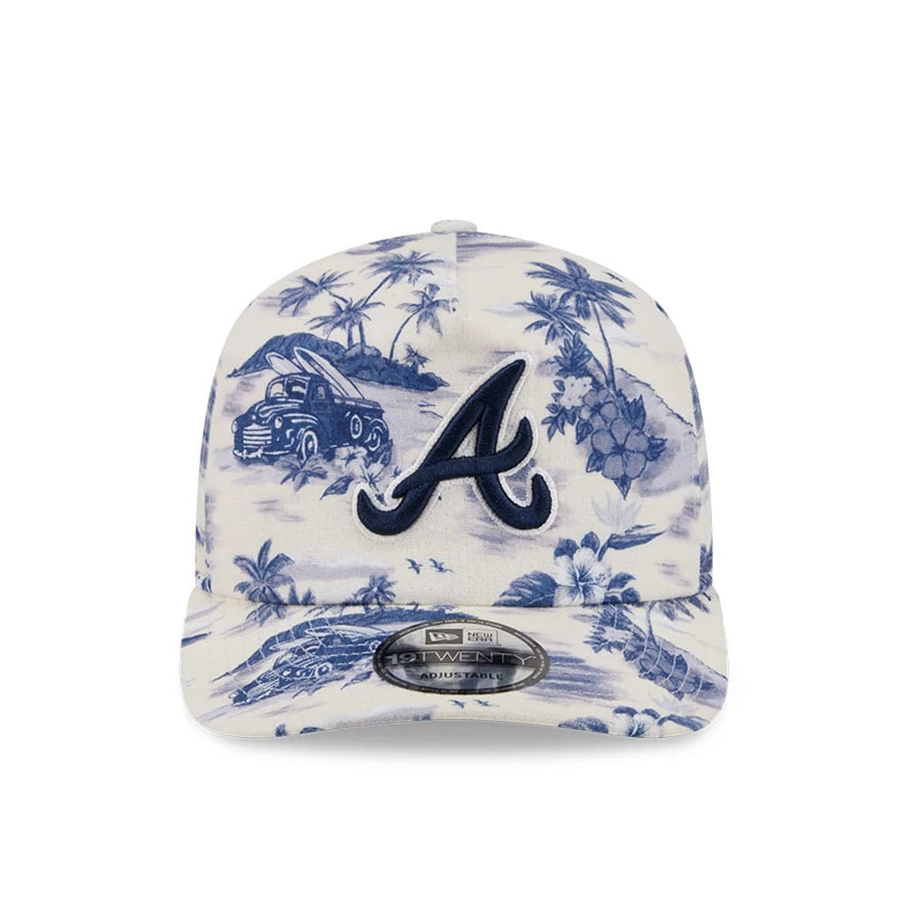 Atlanta Braves MLB Tropics Navy New Era 19TWENTY Adjustable Cap, front view showing the navy embroidered A logo on a white tropical-themed print with palm trees and surfboards, featuring a flat visor and a 19TWENTY size sticker.