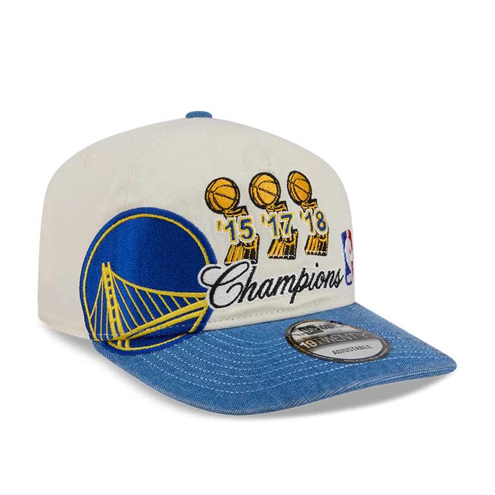 Golden State Warriors NBA Hardwood Classic Blue New Era 19TWENTY Adjustable Cap, three-quarter view showing raised embroidered graphics with a blue and yellow circle bridge logo, championship trophies with dates.