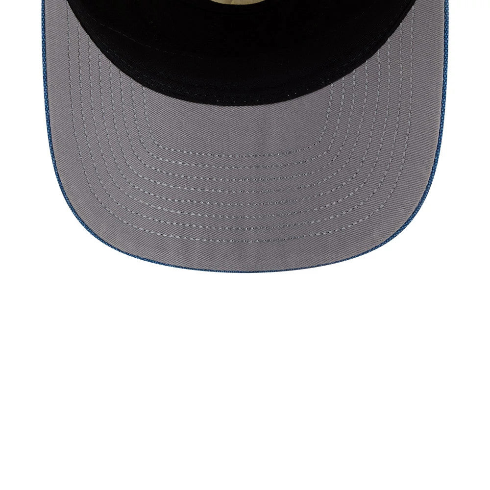 Golden State Warriors NBA Hardwood Classic Blue New Era 19TWENTY Adjustable Cap, underside view showing a grey undervisor with detailed stitching, black sweatband along the inner edge, and a blue trim accent across the visor's edge.
