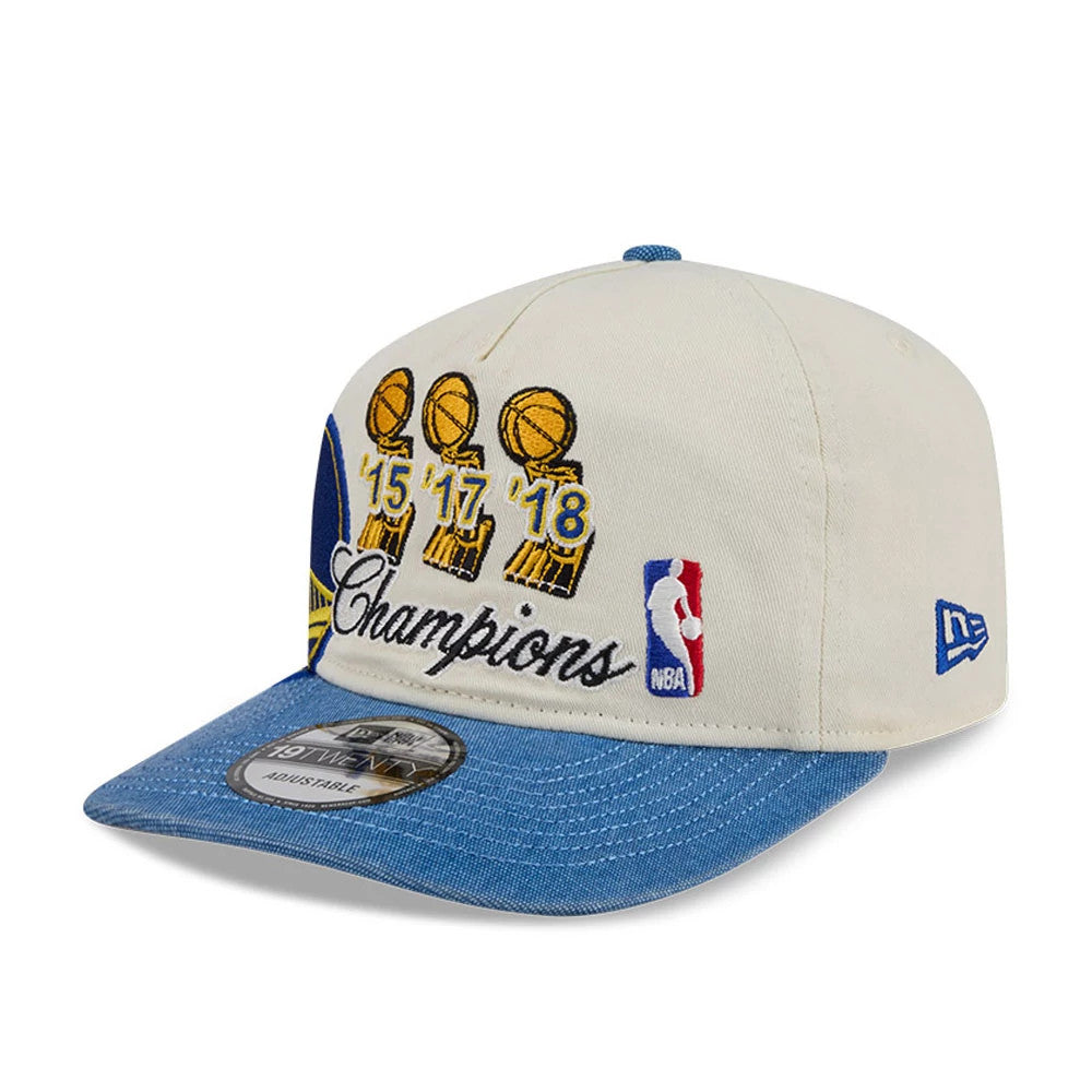Golden State Warriors NBA Hardwood Classic Blue New Era 19TWENTY Adjustable Cap, front view showing yellow trophy graphics with the years '15, '17, '18 in gold embroidery, a script 'Champions' in black, and the official NBA logo.