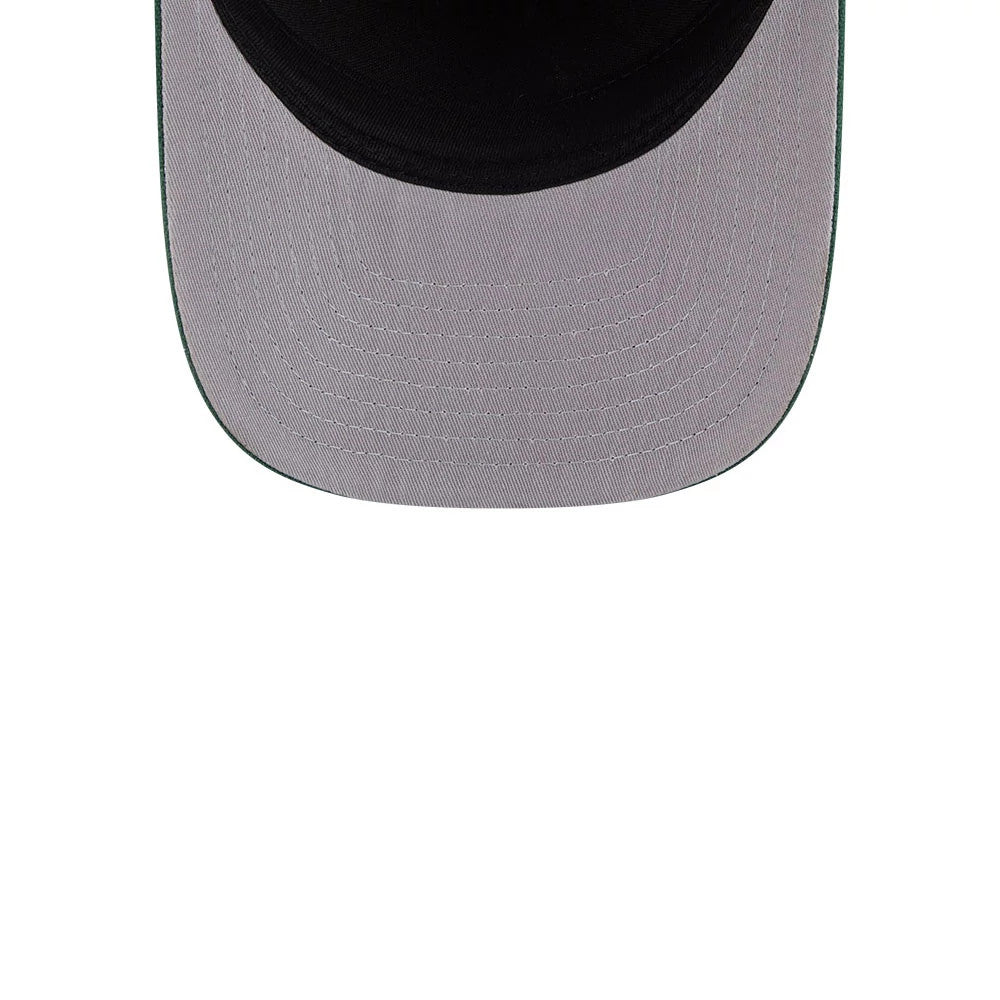 Athletics MLB Grained Dark Green New Era 9FIFTY A-Frame Snapback Adjustable Cap, top view showing the contrast between the black crown and light grey visor, with neat stitching across the visor and a touch of green on the edges.