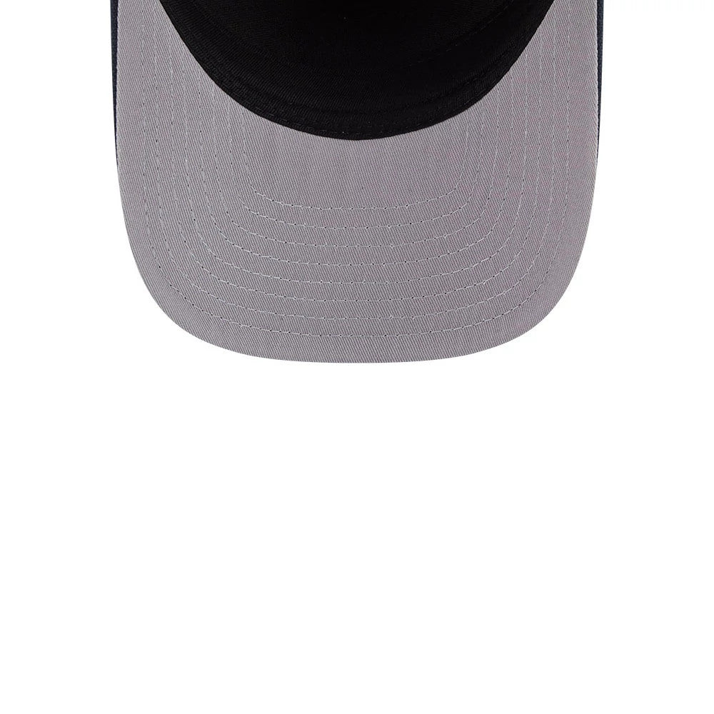 Detroit Tigers MLB Grained Navy New Era 9FIFTY A-Frame Snapback Adjustable Cap, inside view showing the grey undervisor with stitching, black sweatband lining the crown, and the distinctive adjustable snap closure at the back.