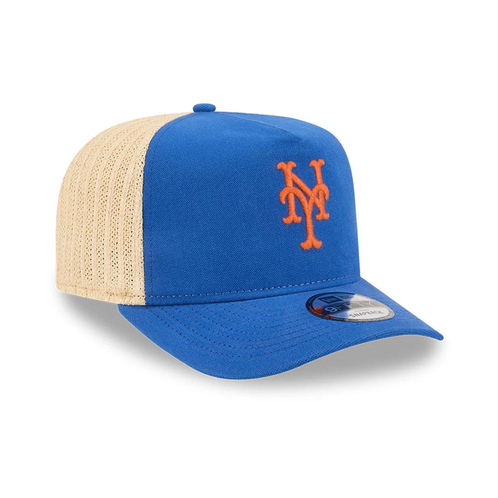 New York Mets MLB Grained Blue New Era 9FIFTY A-Frame Snapback Adjustable Cap, front three-quarter view showing the orange Mets logo embroidered on the blue front panel, beige mesh side panels, and blue curved visor with a 9FIFTY size sticker.