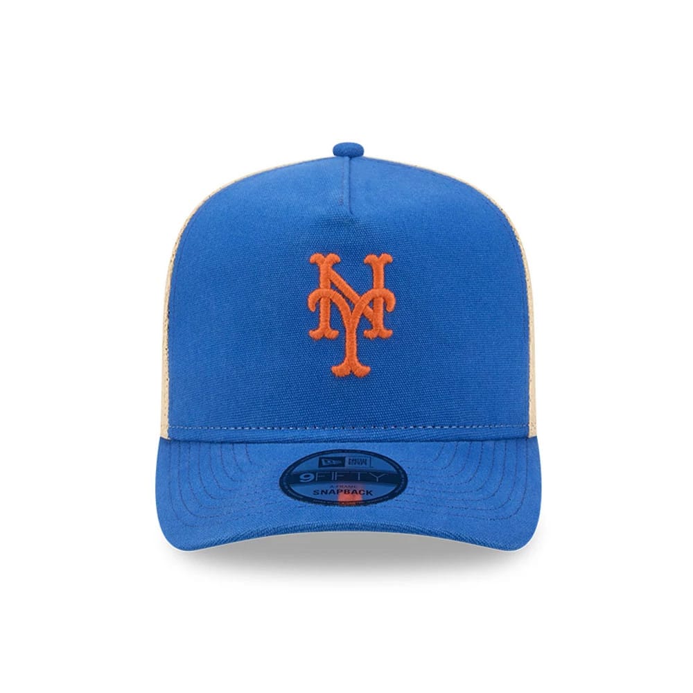 Pictured is this MLB Grained New York Mets 9FIFTY A-Frame Snapback cap in blue. 3