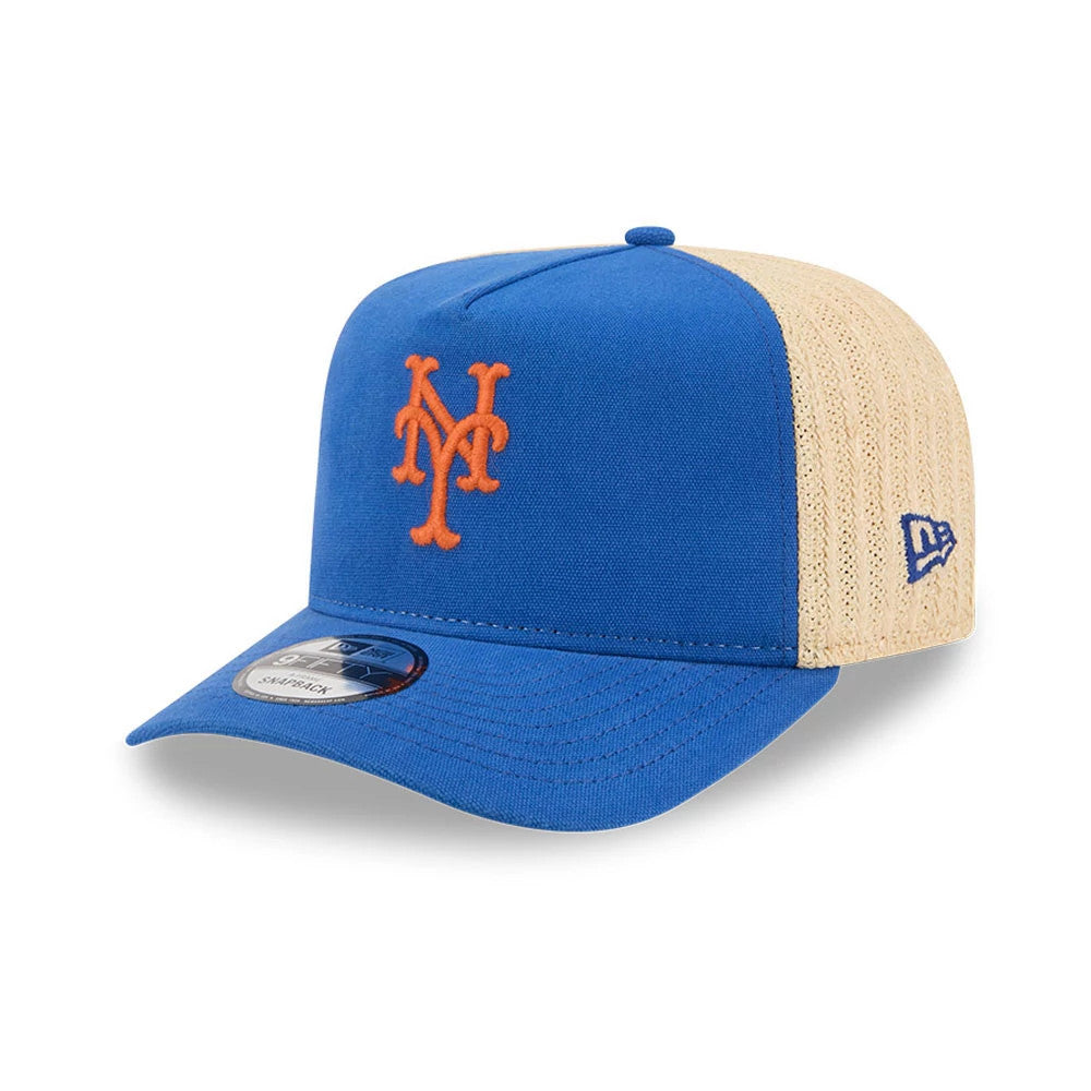 Pictured is this MLB Grained New York Mets 9FIFTY A-Frame Snapback cap in blue. 1
