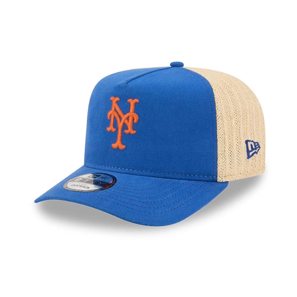 New York Mets MLB Grained Blue New Era 9FIFTY A-Frame Snapback Adjustable Cap, front view showing the raised orange NY logo embroidered on the structured blue front panel, with a curved blue visor and a 9FIFTY size sticker.