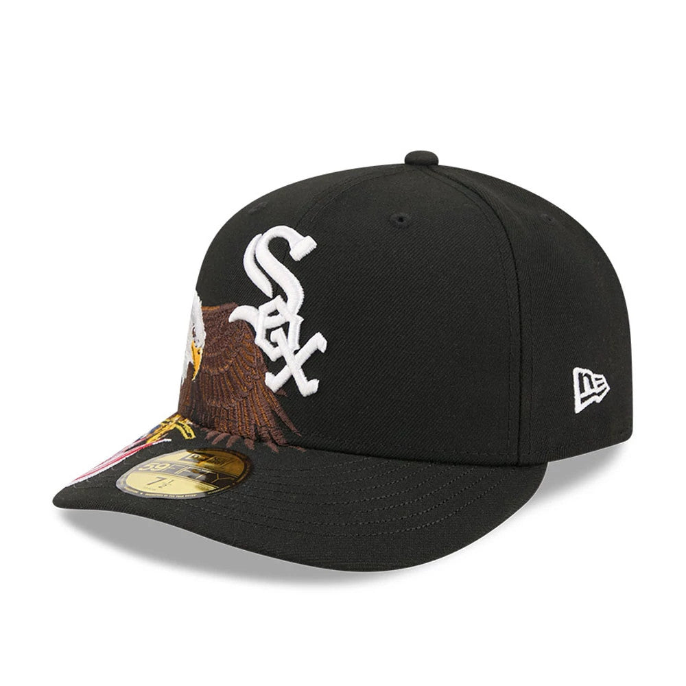 Chicago White Sox MLB Eagle Black New Era 59FIFTY Fitted Cap, three-quarter view showing the white embroidered Sox logo on the front panel, detailed eagle graphic across the front, and a gold 59FIFTY size sticker on the black visor.
