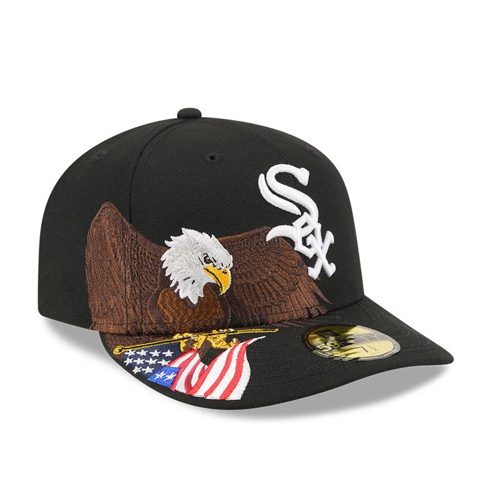 Chicago White Sox MLB Eagle Black New Era 59FIFTY Fitted Cap, front view showing a prominent white Sox logo on the black structured front panel, detailed eagle embroidery spreading across the crown.