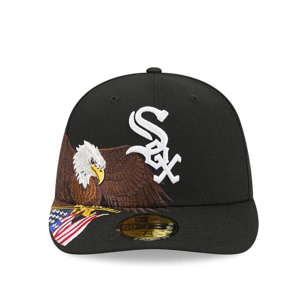 Chicago White Sox MLB Eagle Black New Era 59FIFTY Fitted Cap, front view showing raised white Sox lettering embroidered on the black crown, a detailed eagle graphic extending across the visor, and a gold 59FIFTY size sticker on the flat visor.