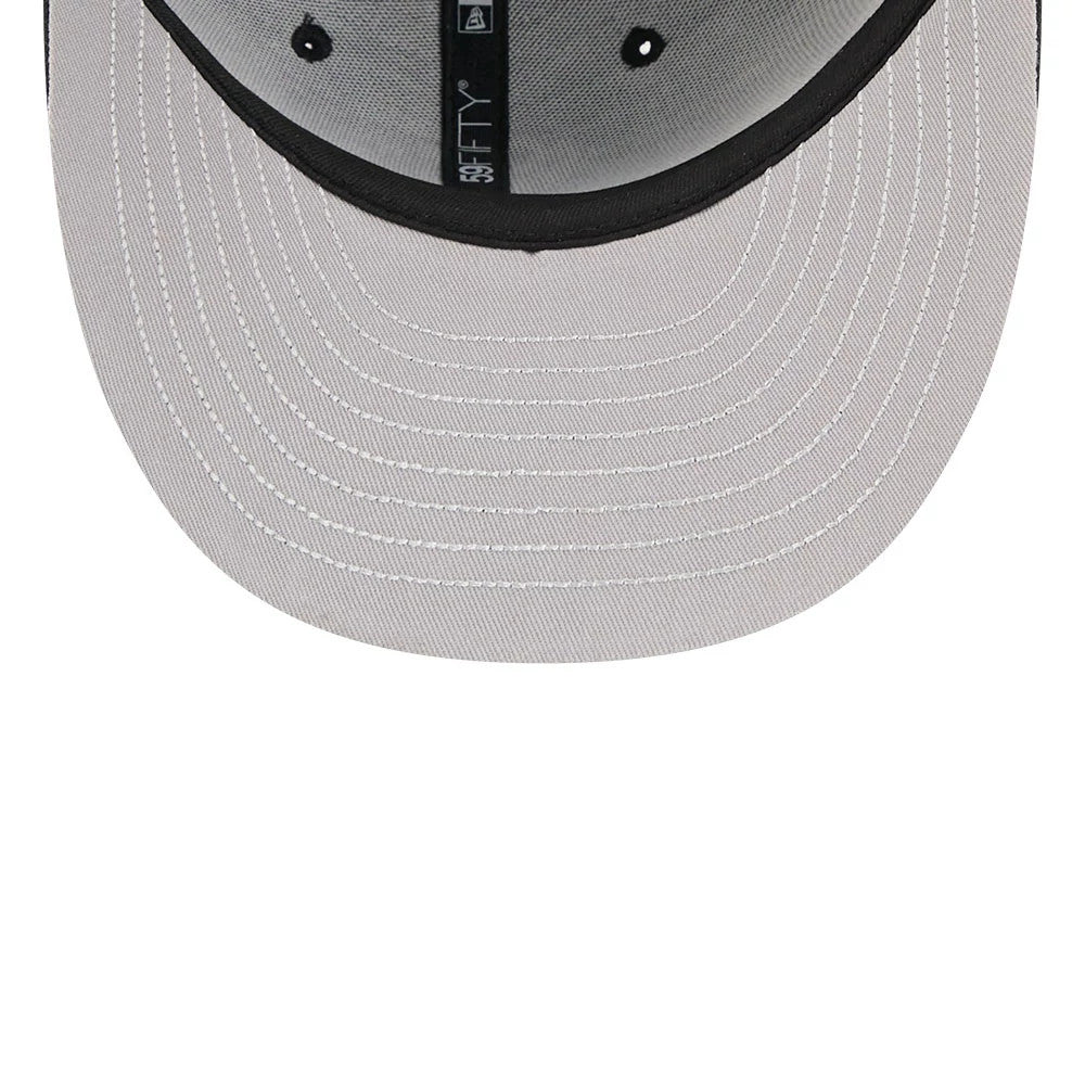 Chicago White Sox MLB Eagle Black New Era 59FIFTY Fitted Cap, inside view showing a grey undervisor with black taping, white stitching in concentric circles, and the New Era 59FIFTY label centred along the crown interior.