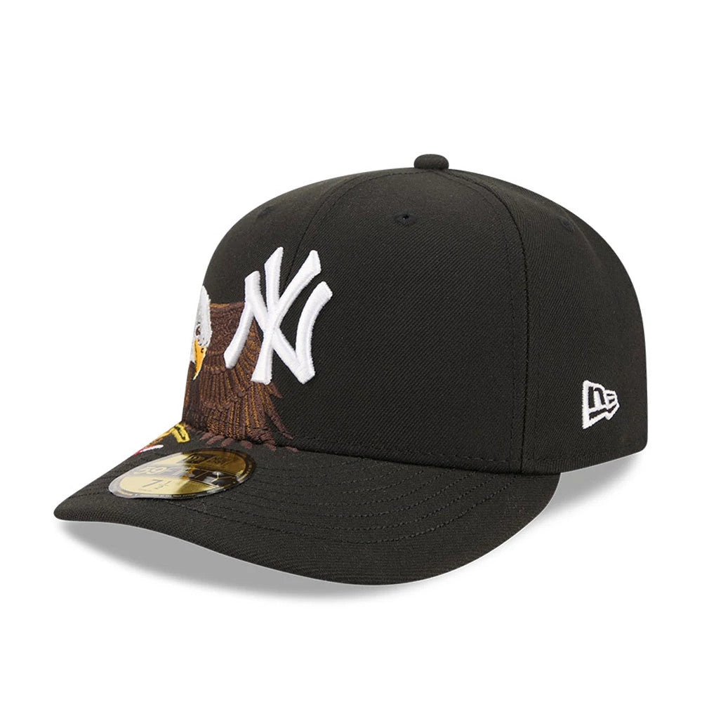 New York Yankees MLB Eagle Black New Era 59FIFTY Fitted Cap, three-quarter view showing the white raised embroidered NY logo on the front panel, detailed eagle graphic across the front, and a gold 59FIFTY size sticker on the black visor.