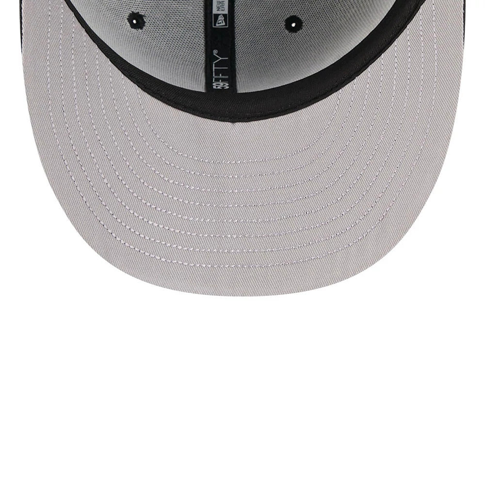 New York Yankees MLB Eagle Black New Era 59FIFTY Fitted Cap, inside view showing the grey undervisor with precise stitching, black sweatband, and black taping with white New Era branding running through the centre.