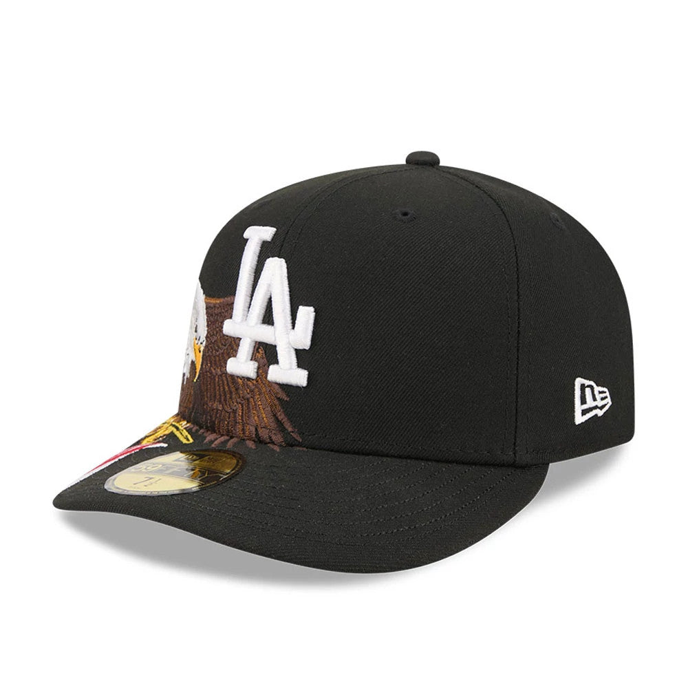 LA Dodgers MLB Eagle Black New Era 59FIFTY Fitted Cap, three-quarter view showing the white raised embroidered LA logo on the front panels, intricate eagle graphic extending onto the visor, and New Era flag logo on the left side.
