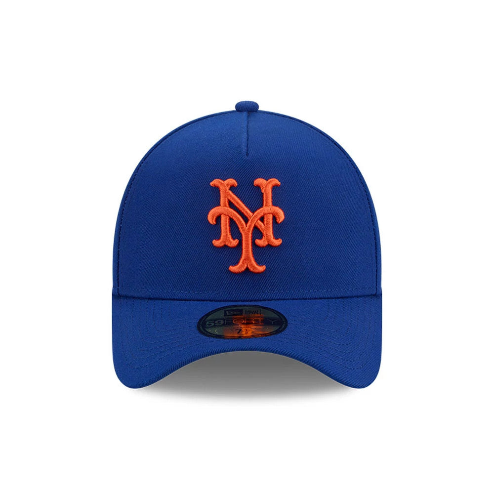New York Mets MLB Team Side Blue New Era 59FORTY A-Frame Fitted Cap, front view showing the raised orange embroidered Mets logo on the structured blue crown, with a matching blue visor and a 59FORTY size sticker on the centre of the visor.