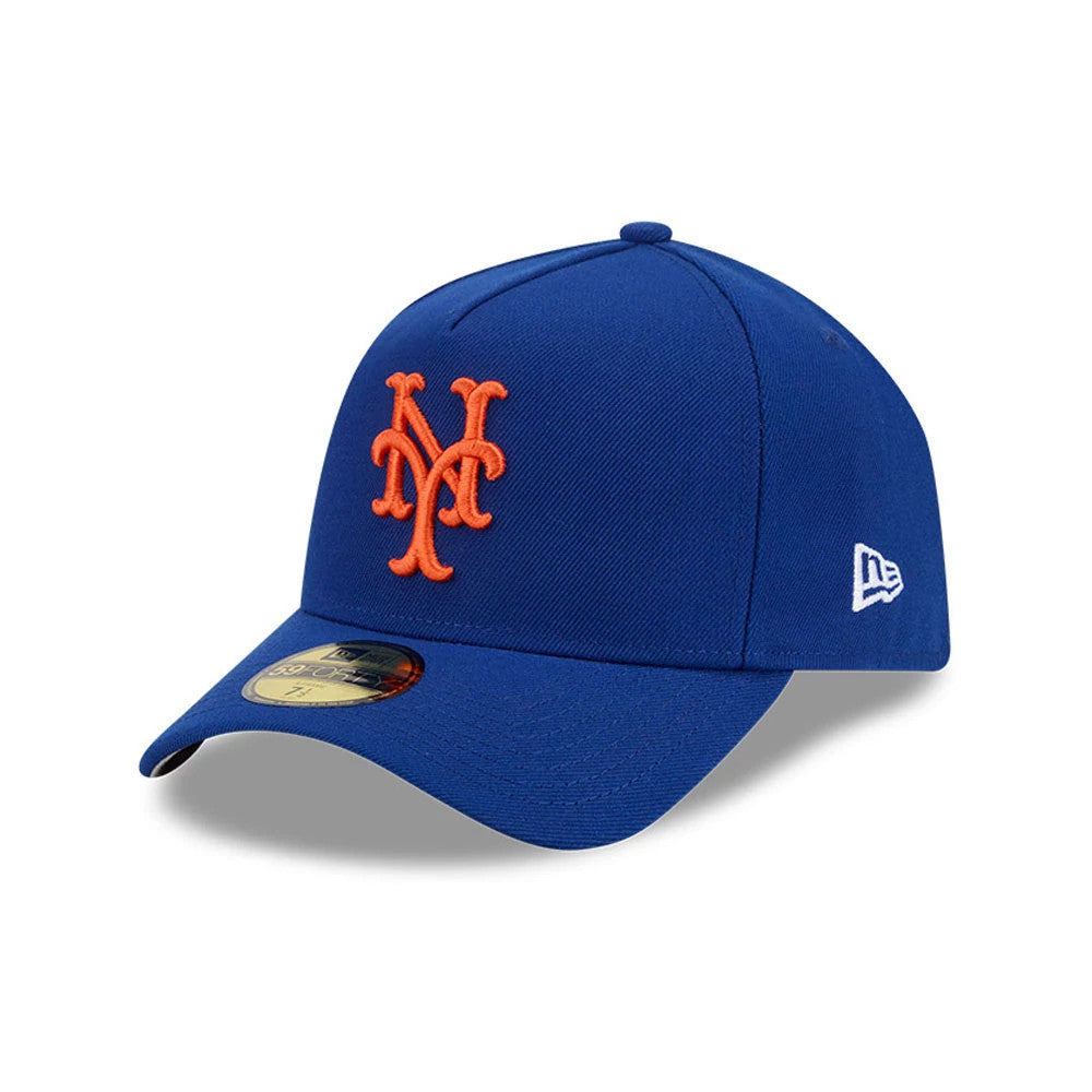 New York Mets MLB Team Side Blue New Era 59FORTY A-Frame Fitted Cap, three-quarter view showing the raised orange NY logo on the front panel, blue curved visor with a gold 59FORTY size sticker, and embroidered New Era flag on the left side.