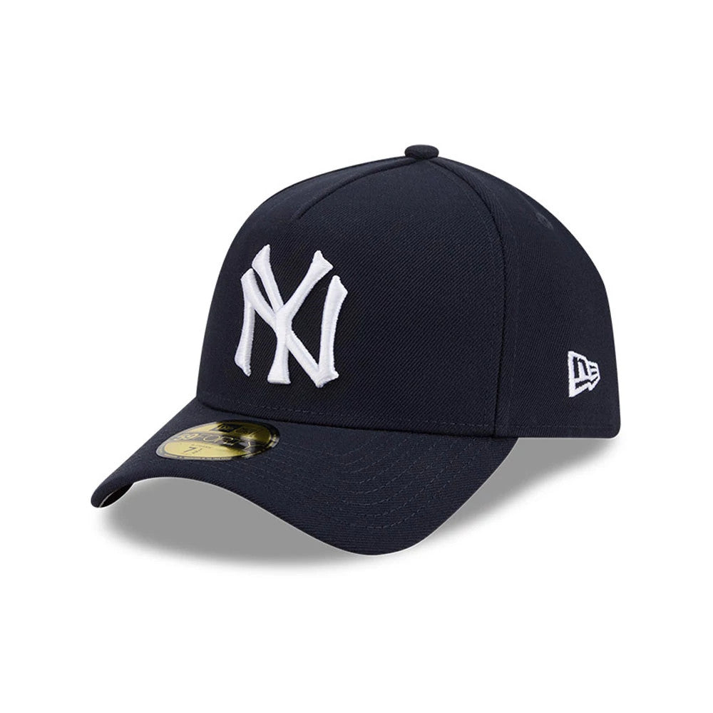 New York Yankees MLB Team Side Navy New Era 59FORTY A-Frame Fitted Cap, three-quarter view showing the white raised embroidered NY logo on the front panels, a gold 59FORTY size sticker on the dark navy curved visor.