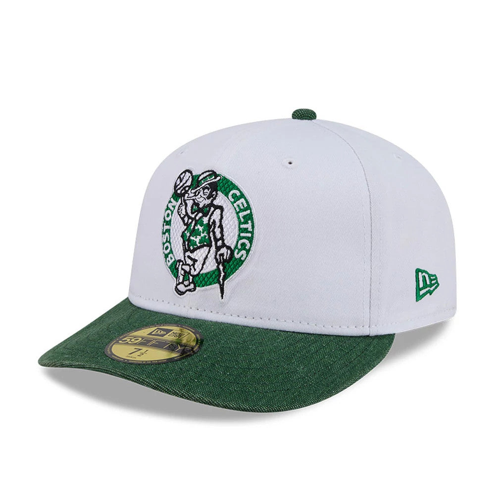Boston Celtics NBA Hardwood Classic White New Era 59FIFTY Fitted Cap, three-quarter view showing the raised embroidered Celtics logo on the front panel, a green visor with a gold 59FIFTY size sticker, and a green New Era flag logo on the left side.