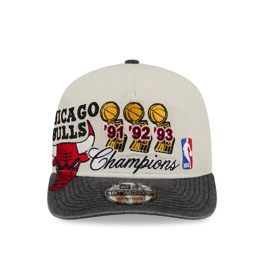 Chicago Bulls NBA Hardwood Classic Cream New Era 19TWENTY Adjustable Cap, front view showing the embroidered red Chicago Bulls logo, yellow championship trophy graphics for '91, '92, '93.