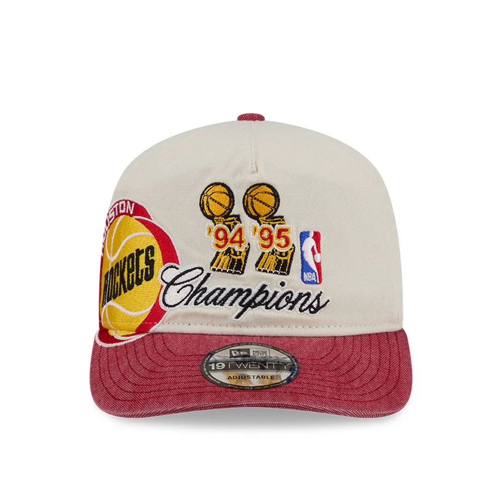 Houston Rockets NBA Hardwood Classic Red New Era 19TWENTY Adjustable Cap, front view showing raised embroidered graphics with '94 '95 championship trophies, an NBA logo, and a red visor with a 19TWENTY size sticker on the curved edge.
