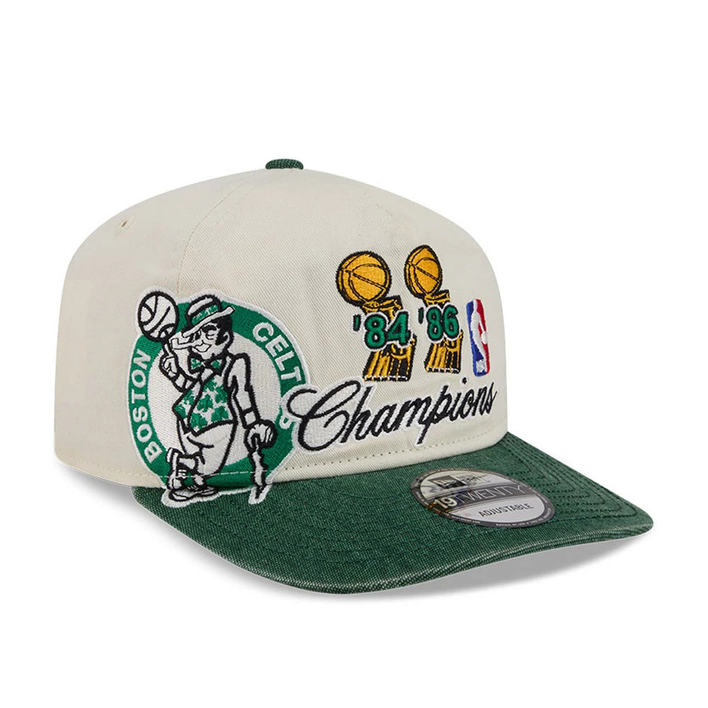 Boston Celtics NBA Hardwood Classic Green New Era 19TWENTY Adjustable Cap, three-quarter view showing the embroidered Celtics mascot logo and Champions script on the front panel, with green and gold trophy graphics.