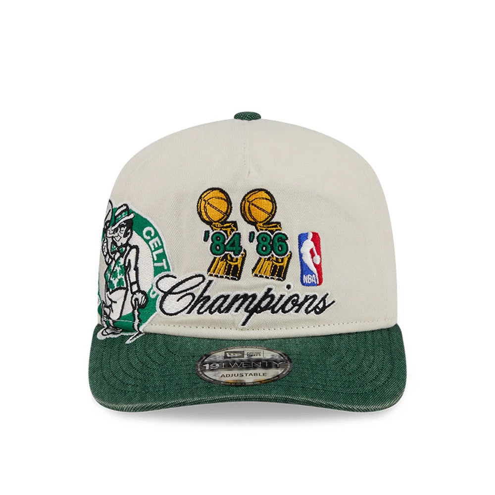 Boston Celtics NBA Hardwood Classic Green New Era 19TWENTY Adjustable Cap, front view showing embroidered Celtics mascot, gold trophies with '84 '86, and NBA logos on the white crown, with a green visor and 19TWENTY size sticker.