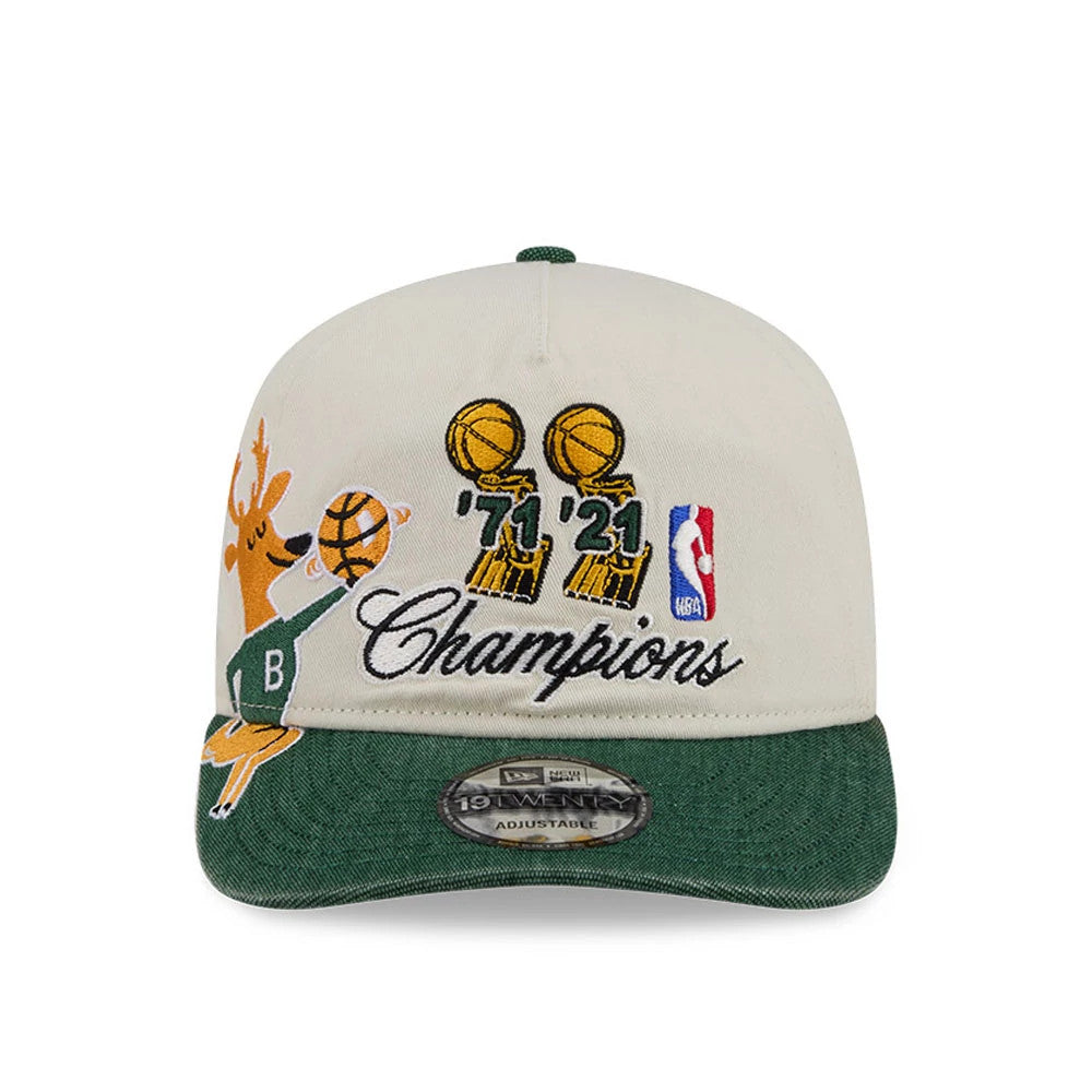 Milwaukee Bucks NBA Hardwood Classic Green New Era 19TWENTY Adjustable Cap, front view showing embroidered Champions lettering with gold championship trophies, a 1971 and 2021 date, NBA logo, and a green visor with a 19TWENTY size sticker.