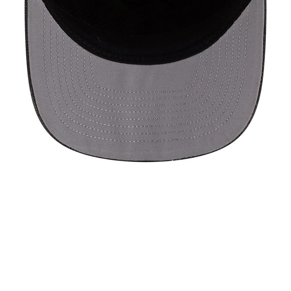 Miami Heat NBA Hardwood Classic Cream New Era 19TWENTY Adjustable Cap, inside view showing a grey undervisor with detailed stitching, black sweatband along the edge, and contrasting black fabric on the underside of the visor.