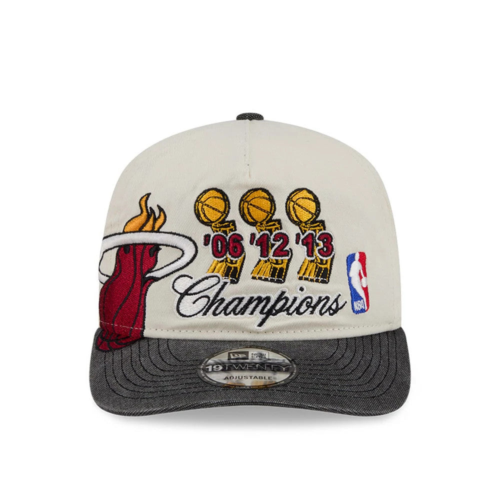 Miami Heat NBA Hardwood Classic Cream New Era 19TWENTY Adjustable Cap, front view showing large embroidered Miami Heat logo with championship trophies '06 '12 '13, Champions script, and NBA logo on cream front panel with a grey visor.