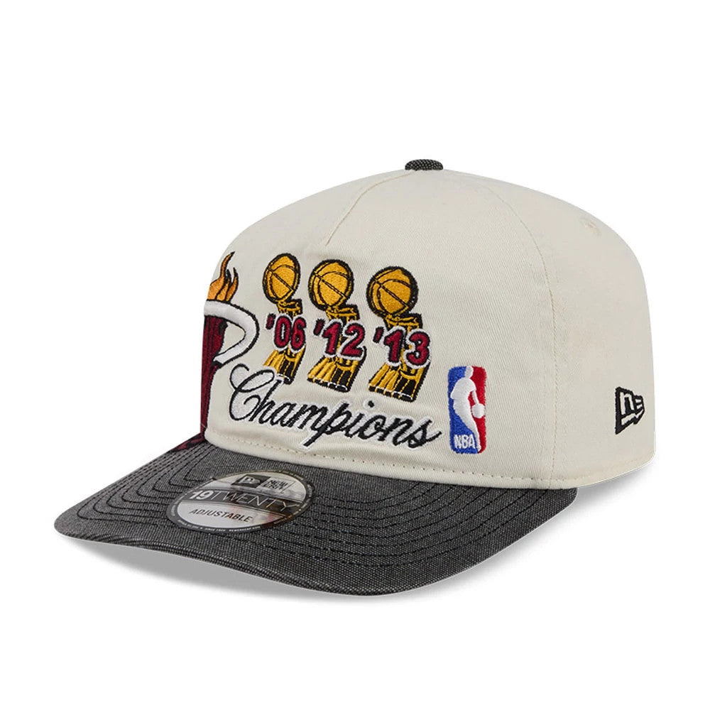 Miami Heat NBA Hardwood Classic Cream New Era 19TWENTY Adjustable Cap, front view showing embroidered Miami Heat logo with championship trophies and years '06, '12, '13 on the cream crown, with a grey visor and 19TWENTY size sticker.