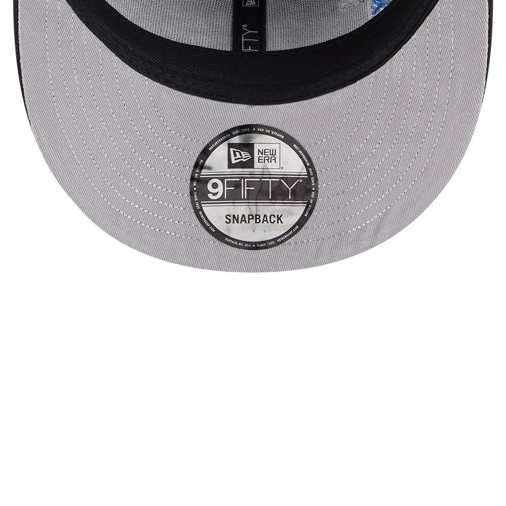 Athletics MLB Vissurf Black New Era 9FIFTY Snapback Adjustable Cap, inside view showing the grey undervisor with a black 9FIFTY size sticker, black taping with white branding, and a portion of the inner sweatband.
