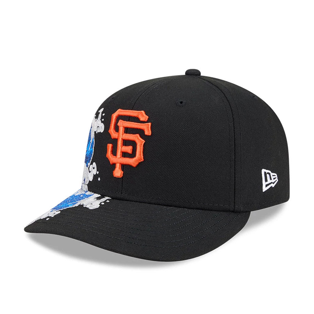 San Francisco Giants MLB Vissurf Black New Era 9FIFTY Snapback Adjustable Cap, three-quarter view showing the raised orange embroidered SF logo on the front panel, black visor with blue surf graphic, and New Era flag logo on the left side.