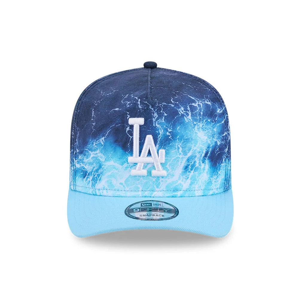 LA Dodgers MLB Deep Water Blue New Era 9FIFTY A-Frame Snapback Adjustable Cap, front view showing a raised white LA embroidered logo on a deep water blue and electric pattern crown with a light blue flat visor and a 9FIFTY size sticker.