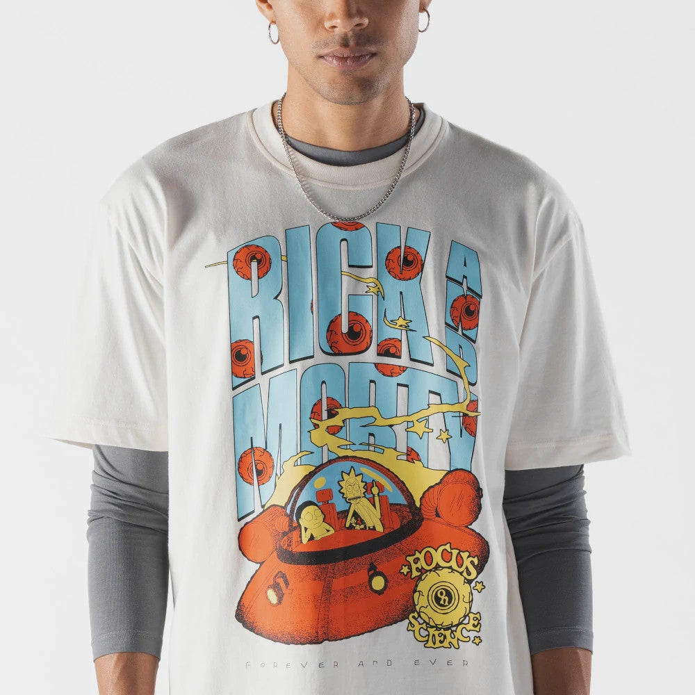 The model is wearing this Rick And Morty Spaceship T-Shirt in cream. 4