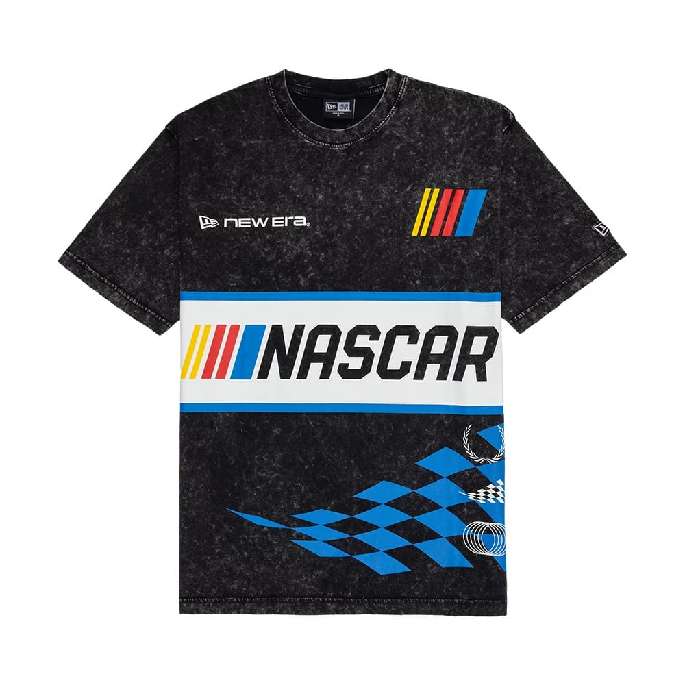 The model is wearing this Nascar Logo Washed T-Shirt in black. 1