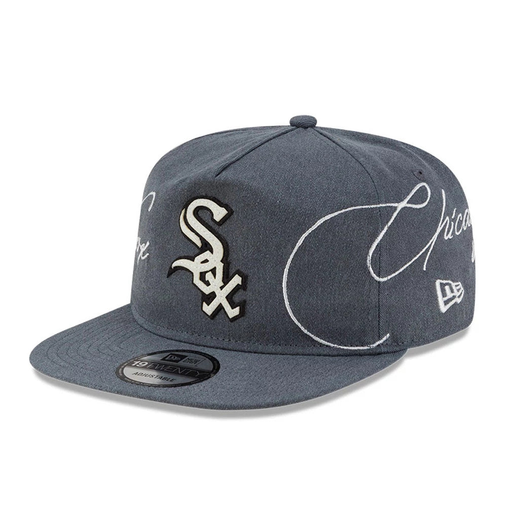 Chicago White Sox MLB Script Wash Dark Grey New Era 19TWENTY Cap, front view showing a raised embroidered Sox logo on the front panel, white Chicago script across the crown, and a black 19TWENTY size sticker on the flat dark grey visor.