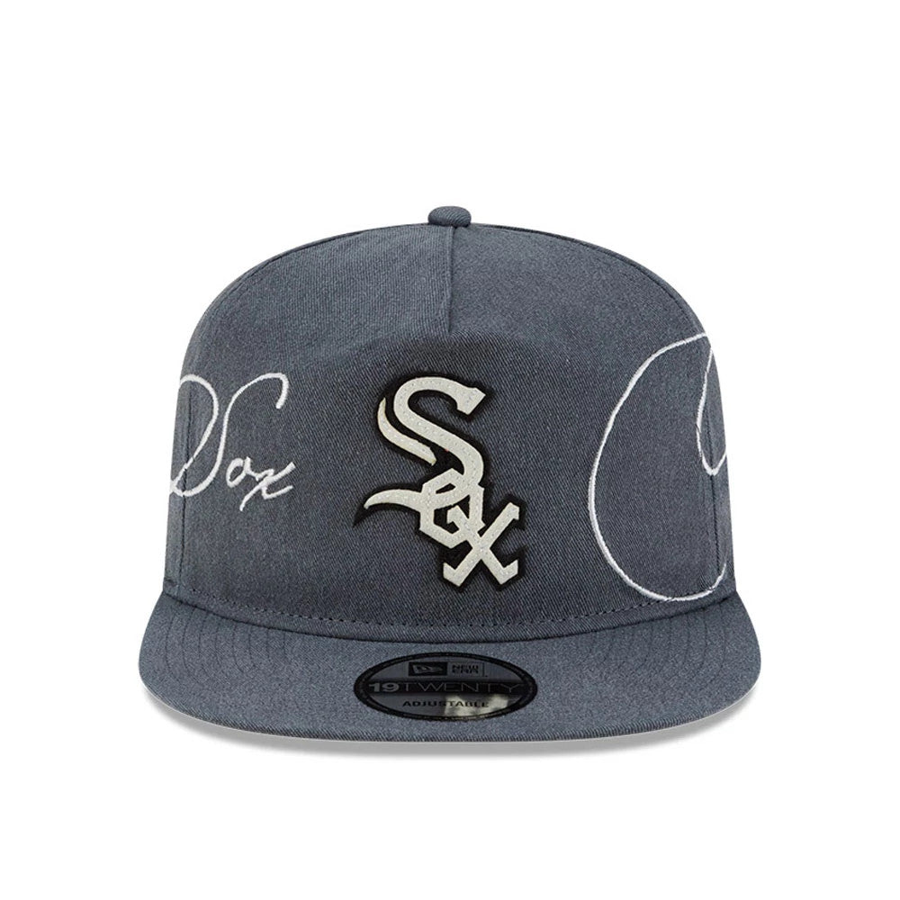 Chicago White Sox MLB Script Wash Dark Grey New Era 19TWENTY Cap, front view showing raised white Sox logo embroidery on the dark grey crown, large white script embroidery on both the left and right front panels.