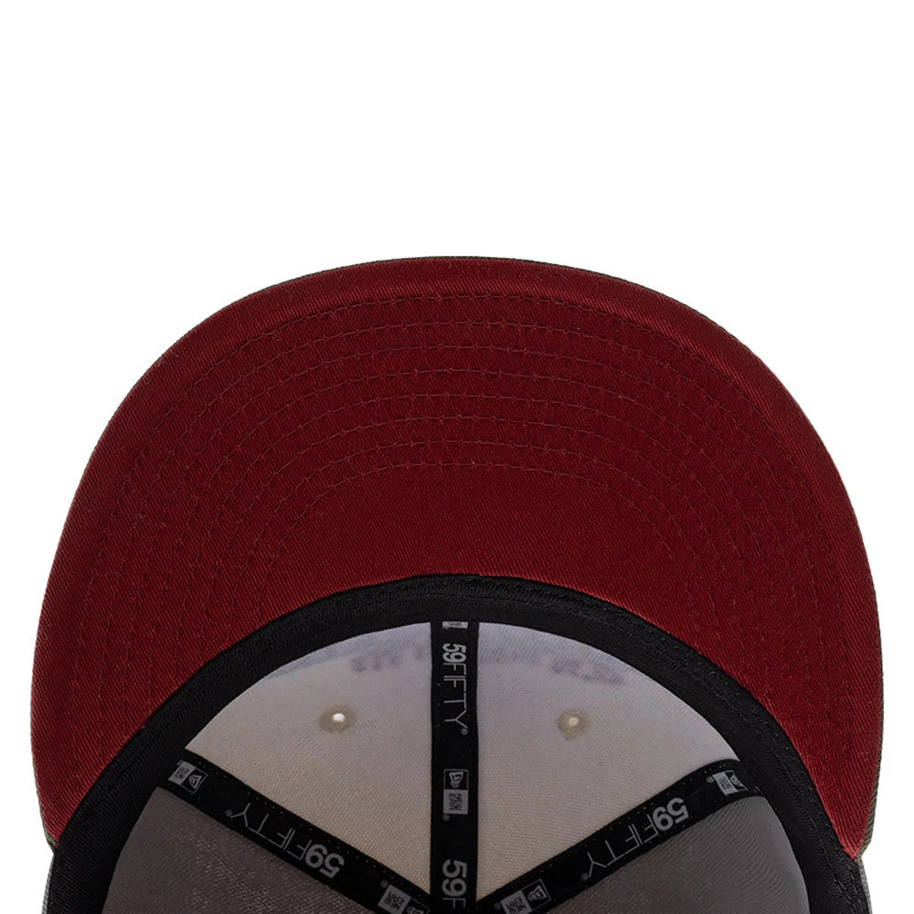 New York Yankees MLB Tagged Grey New Era 59FIFTY Fitted Cap, inside view showing a maroon undervisor with black New Era 59FIFTY taping across the seams, a white sweatband along the crown edge, and two white eyelets on the neutral-coloured fabric.