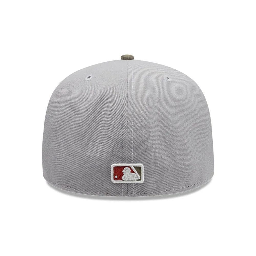 New York Yankees MLB Tagged Grey New Era 59FIFTY Fitted Cap, rear view showing the white and red embroidered MLB Batterman logo centred on the back panels, with eyelet and a matching grey crown and top button.
