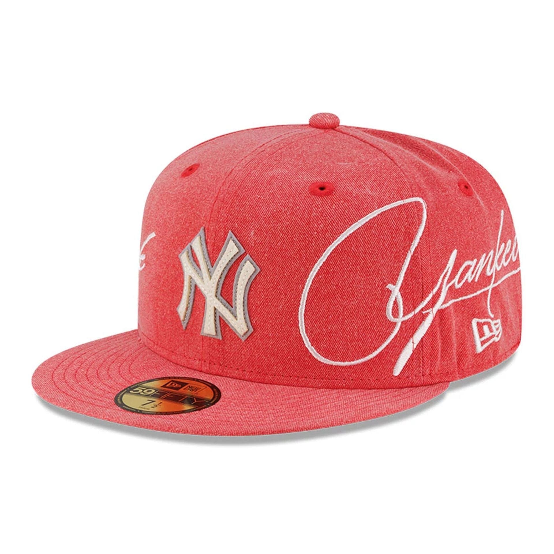 Pictured is this MLB Script Wash New York Yankees 59FIFTY Fitted cap in red. 1