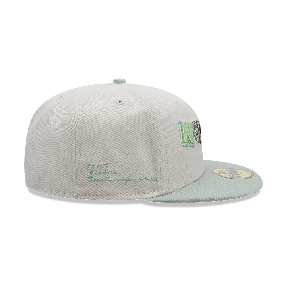 New Era DIY Note Light Beige 59FIFTY Fitted Cap, side view showing a light green embroidered script on the beige side panel, a raised multicoloured 'NOTE' logo on the front, and a beige flat visor adorned with a gold 59FIFTY size sticker.