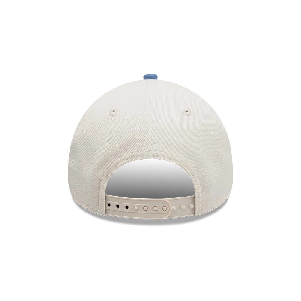 LA Dodgers MLB Tagged Light Beige New Era 9FORTY A-Frame Cap, rear view showing a curved light beige visor and an adjustable snap closure, with two beige embroidered eyelets on each rear panel of the structured crown.