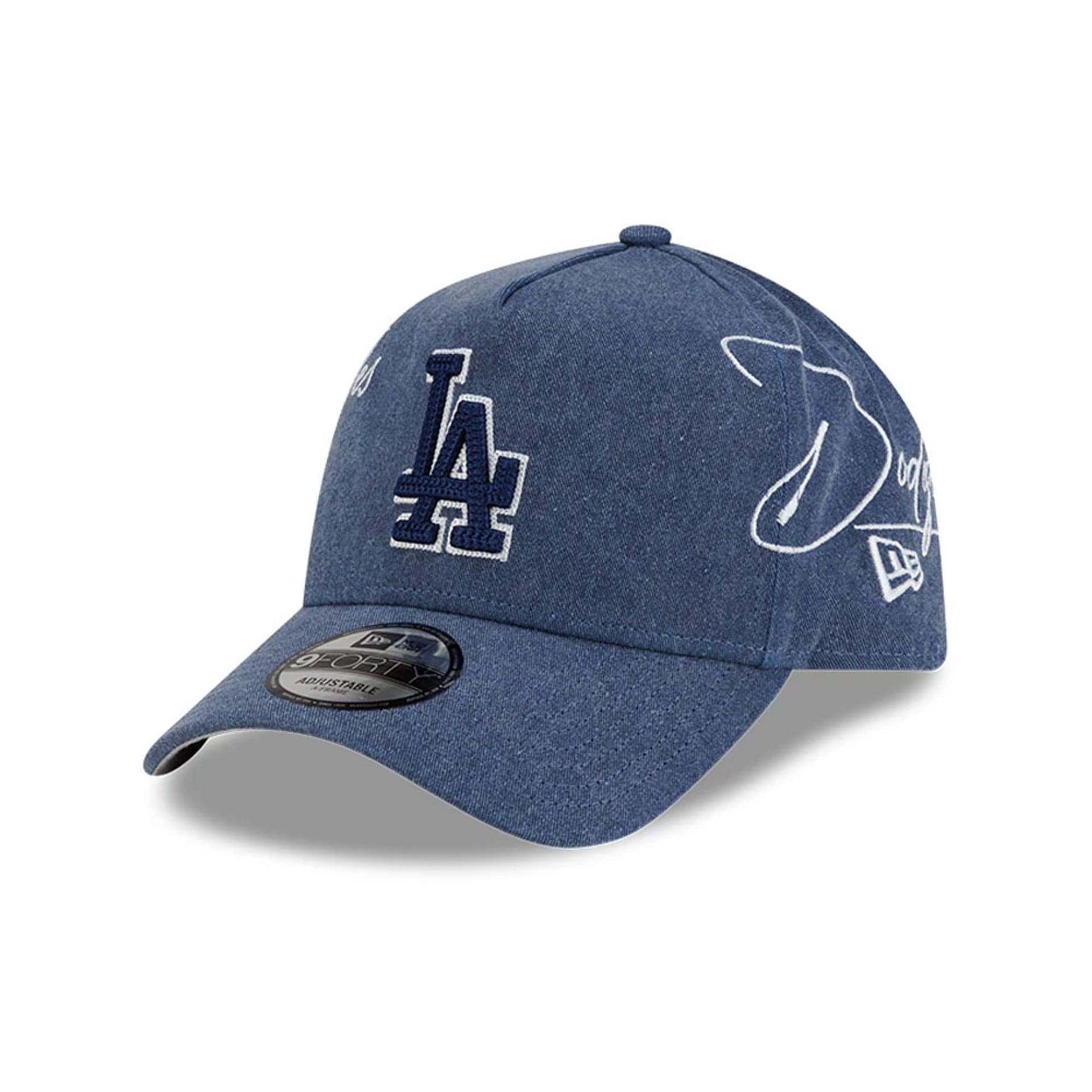 Pictured is this MLB Script Wash LA Dodgers 9FORTY A-Frame cap in navy. 1