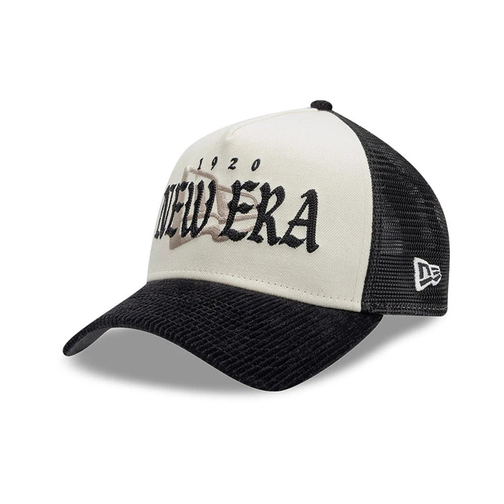 Pictured is this New Era Old English 9FORTY A-Frame cap in white. 5